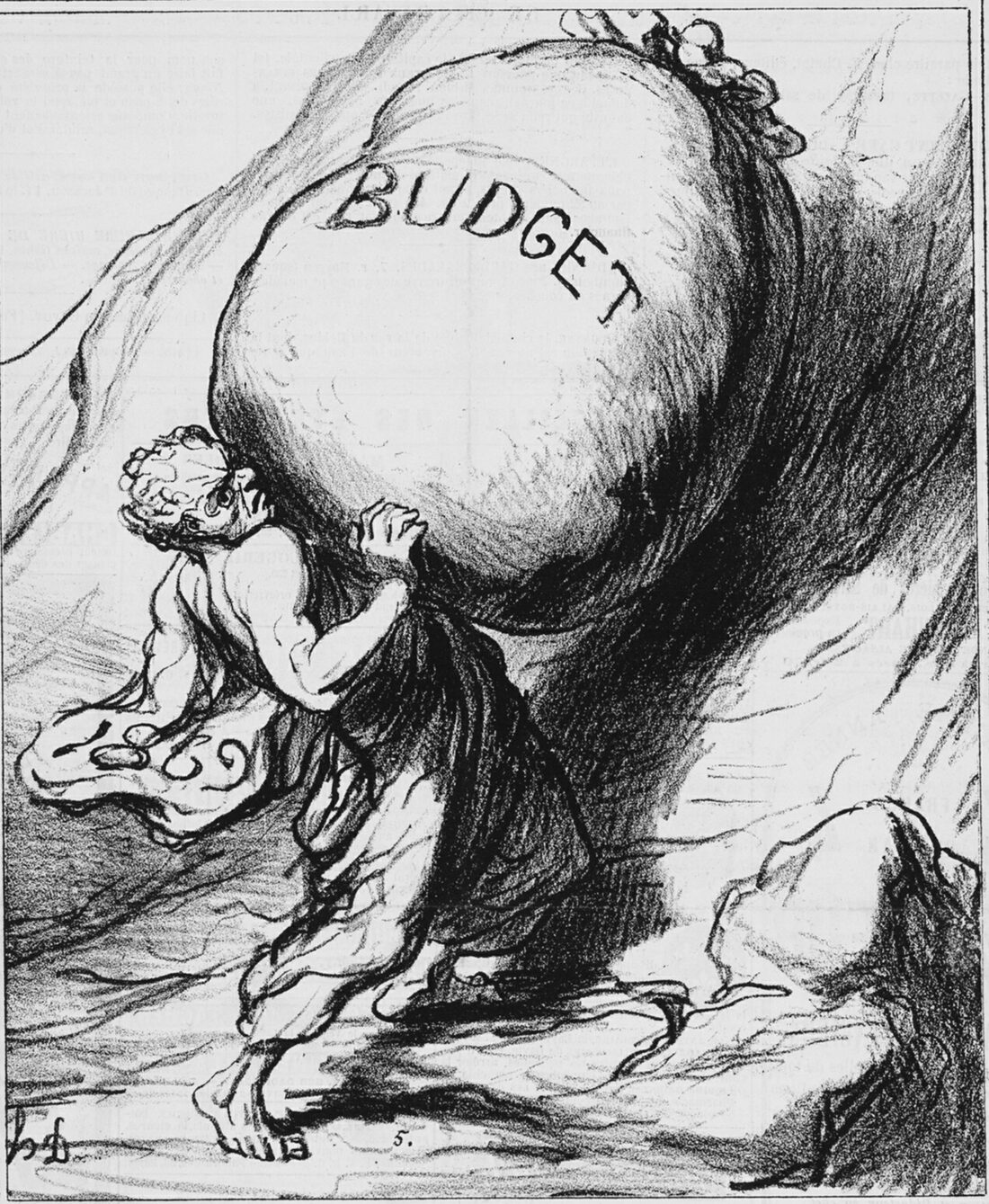 Honoré Daumier’s cartoon of a man pushing a boulder marked BUDGET up a hill, 1869.