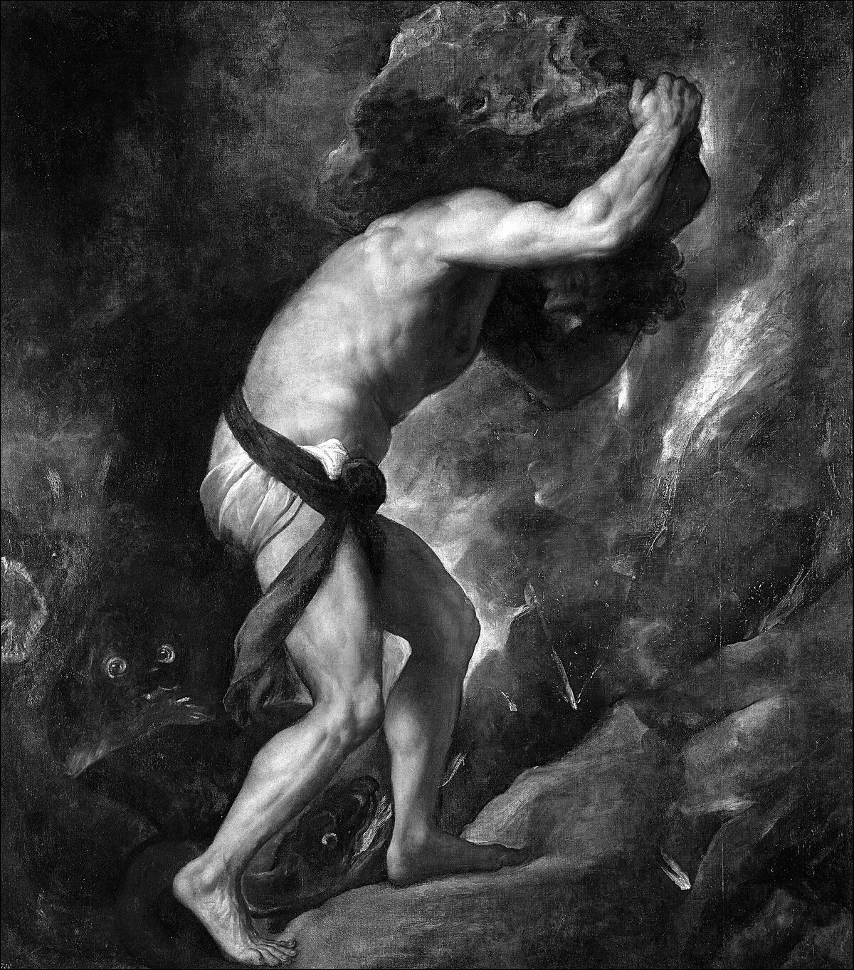 Titian’s Sisyphus, pushing a boulder up a hill, 1548–49.