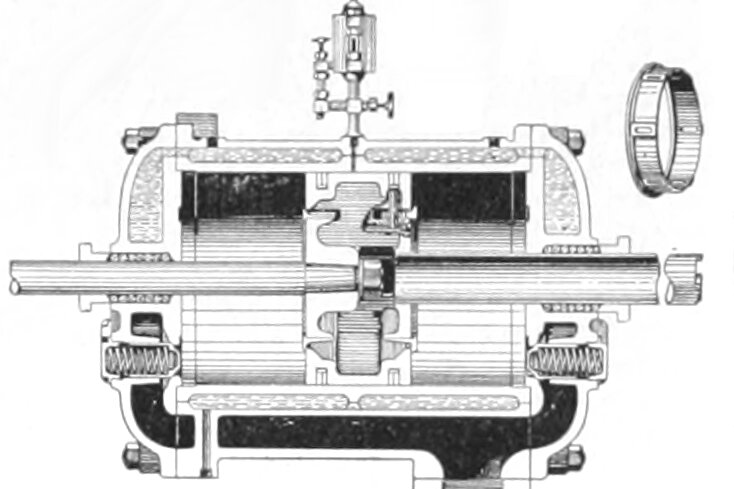 Engraving of an air compressor cylinder cut open, 1905.