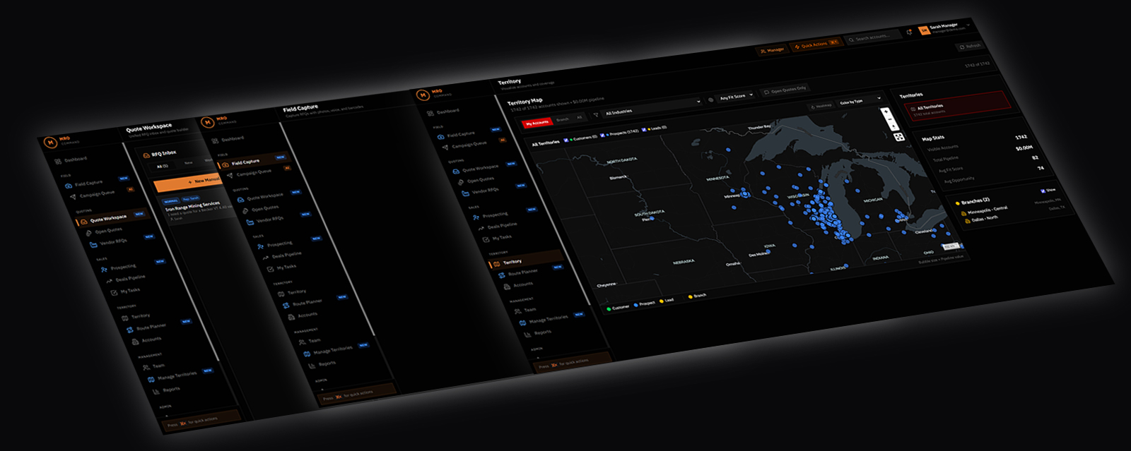 CRM territory map with enriched lead data across regions